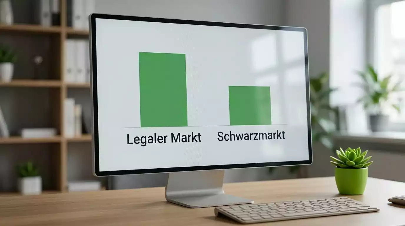 Schlichtes Balkendiagramm zur Entwicklung des deutschen Sportwettenmarktes auf einem Monitor