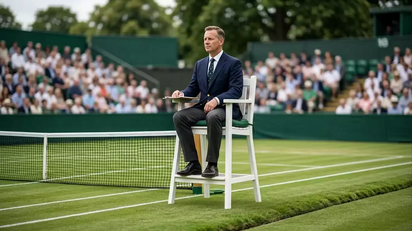 Schiedsrichter im erhöhten Stuhl überblickt ein Tennismatch auf dem Rasenplatz von Wimbledon