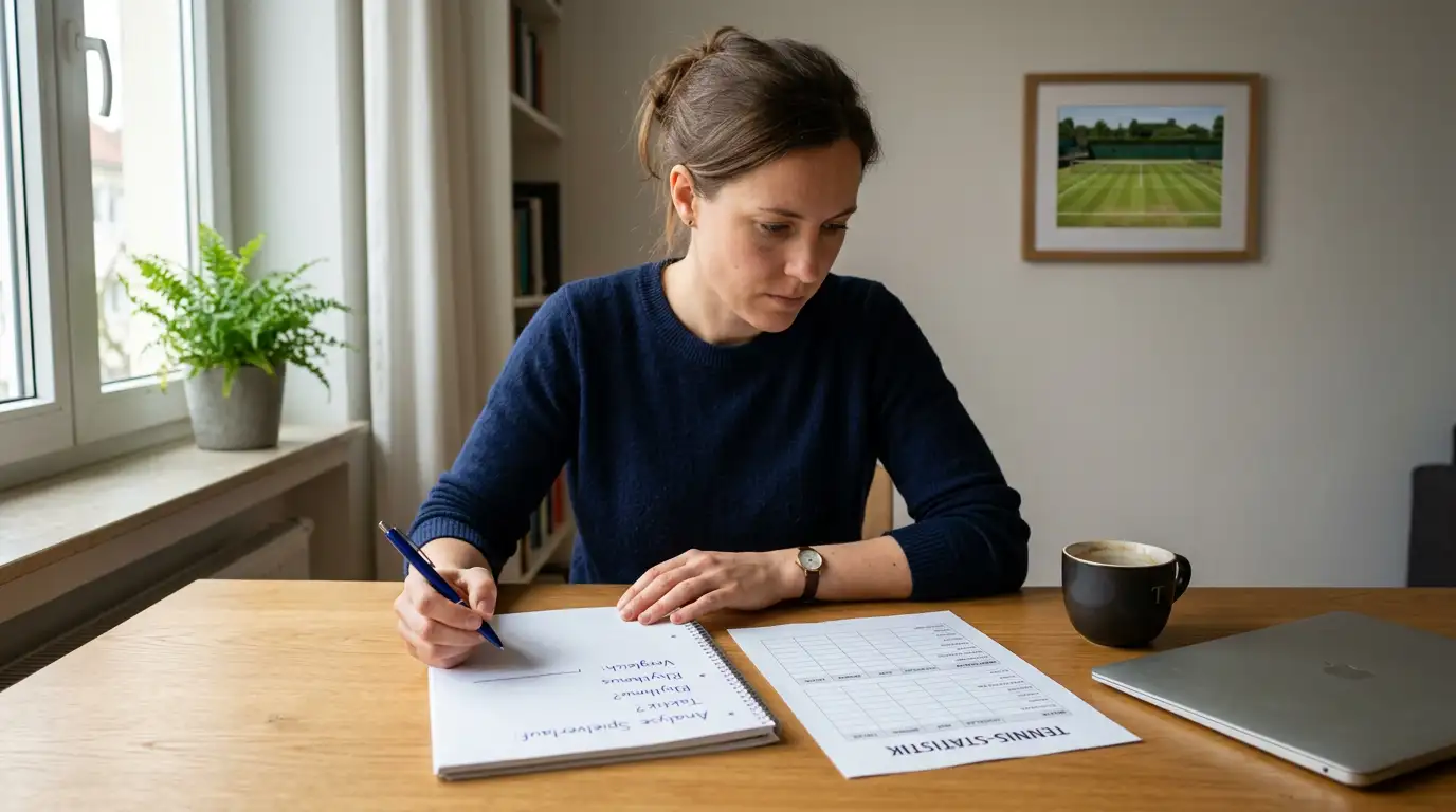 Person analysiert am Schreibtisch handschriftliche Notizen zu Tennis-Quoten und impliziter Wahrscheinlichkeit