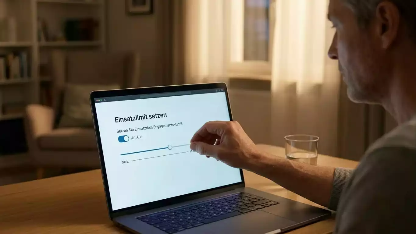 Person setzt am Laptop ein verbindliches Einsatzlimit in einer schlichten Spielerschutz-Oberfläche