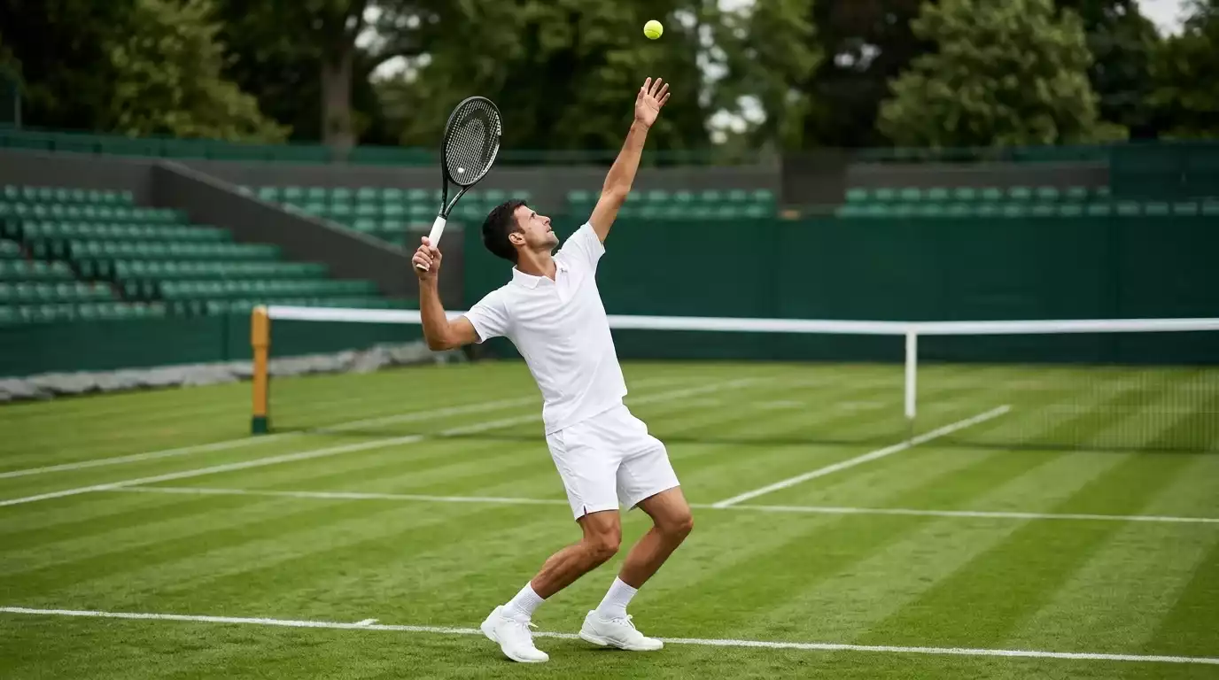 Tennisspieler in weißer Kleidung beim Aufschlag auf dem kurz geschnittenen Rasenplatz im Wimbledon-Stil
